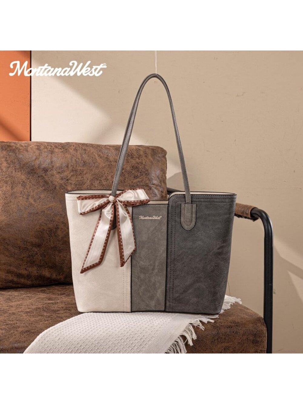 Montana West Women's Beige Grey Vegan Leather Top Zipper Handle Satchel Purses - Picture 3 of 6
